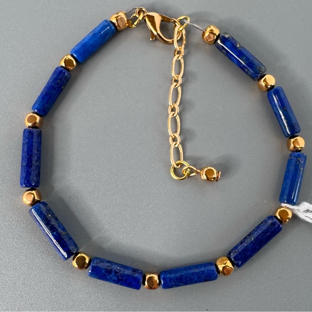 HAND CRAFTED BRACELET Lapis Lazuli Tubes Gold Spacers Lobster Claw Clasp NWT - Picture 6 of 15